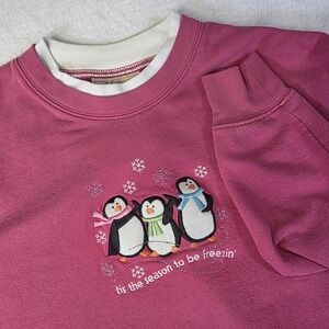 Vintage Large Pink Sweatshirt Embroidered Penguins Grandma Cottage Core Holiday